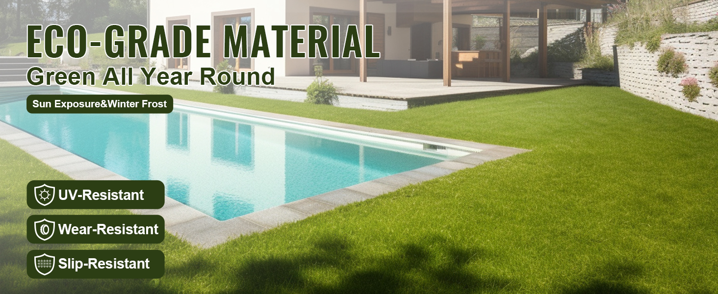 eco-grade VEVOR artificial grass tiles by a pool, promoting uv, wear, and slip resistance.
