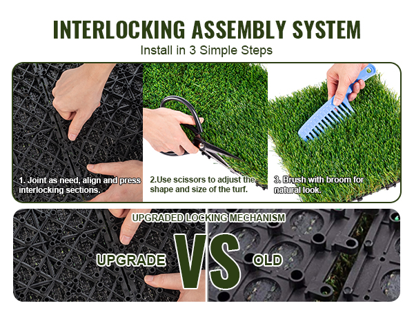 interlocking assembly system for VEVOR artificial grass tiles: align and press, trim, and brush for natural look.