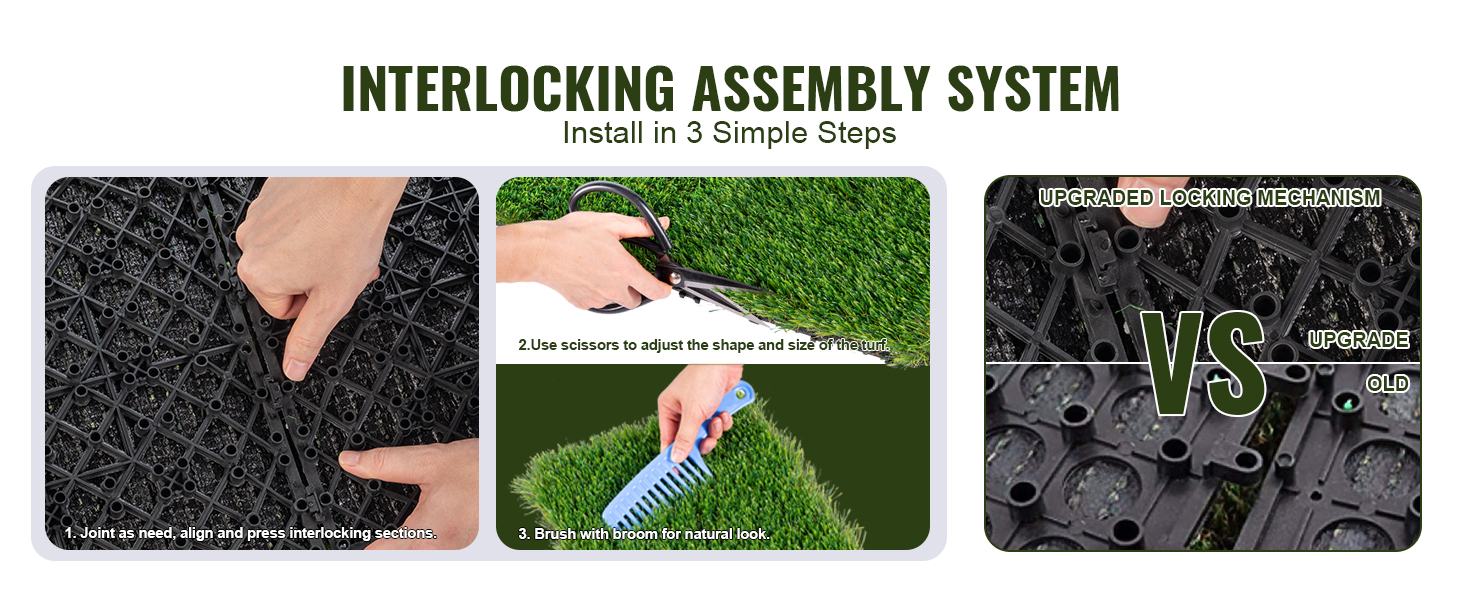 interlocking assembly system for VEVOR artificial grass tiles: align and press, trim, and brush for natural look.