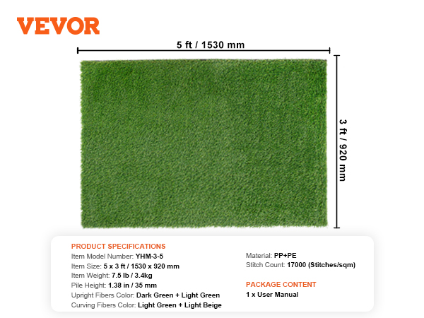 VEVOR artificial grass rug, 5ft x 3ft, dark green and light green fibers, 1.38in pile height.