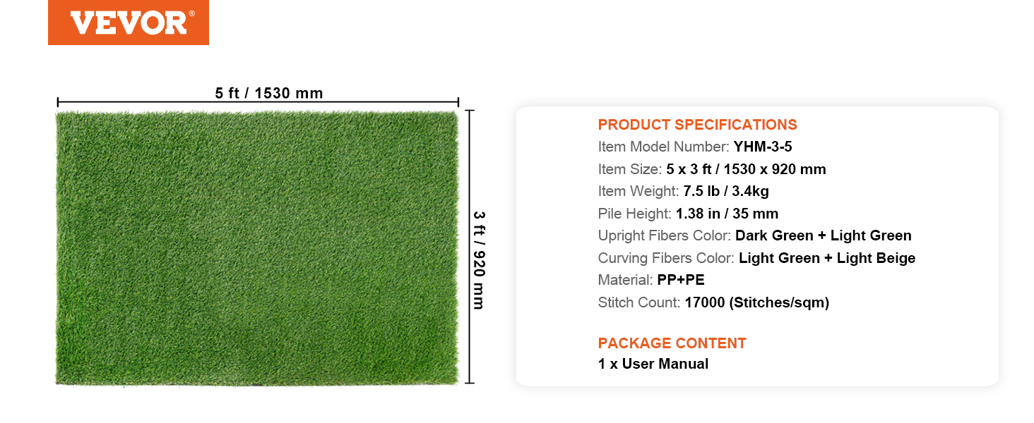 VEVOR artificial grass rug, 5ft x 3ft, dark green and light green fibers, 1.38in pile height.