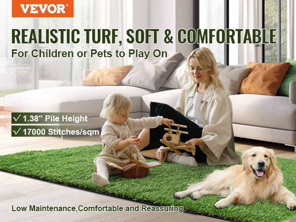 VEVOR artificial grass rug, soft and comfortable for children and pets, shown in a cozy living room.