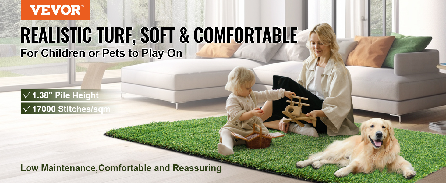 VEVOR artificial grass rug, soft and comfortable for children and pets, shown in a cozy living room.