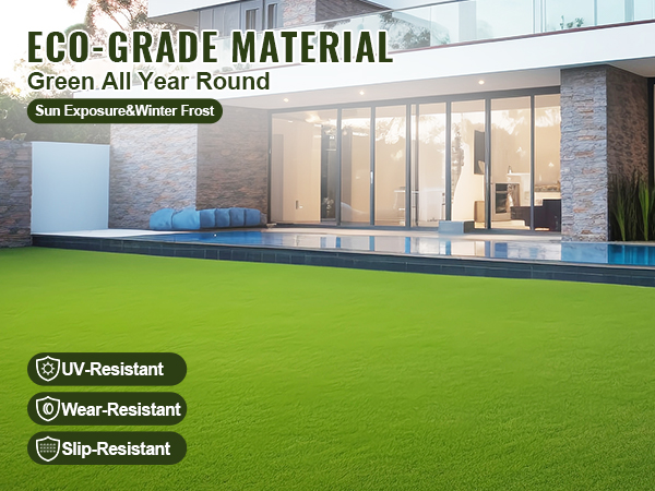 modern house with VEVOR artificial grass rug, showcasing uv, wear, and slip-resistant features.