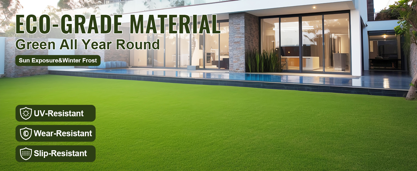 modern house with VEVOR artificial grass rug, showcasing uv, wear, and slip-resistant features.