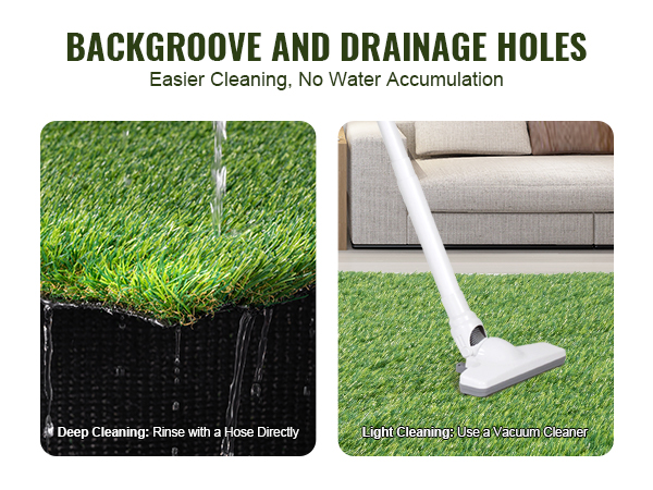 VEVOR artificial grass rug with backgroove and drainage holes for easy cleaning, rinsed with hose or vacuum.