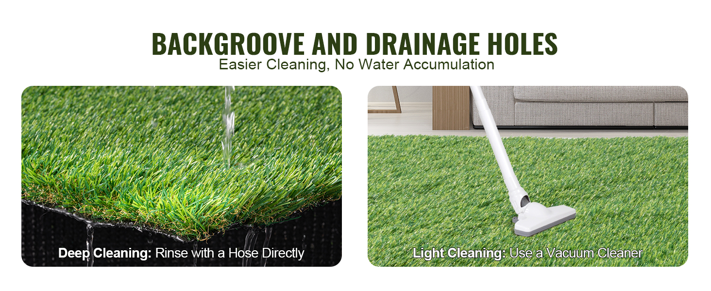 VEVOR artificial grass rug with backgroove and drainage holes for easy cleaning, rinsed with hose or vacuum.