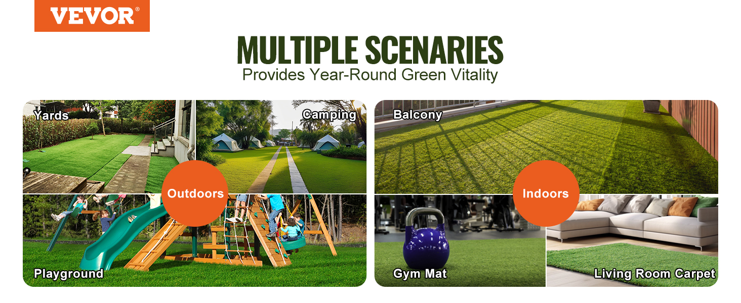 VEVOR artificial grass rug for yards, camping, balconies, playgrounds, gym mats, and living room carpets.