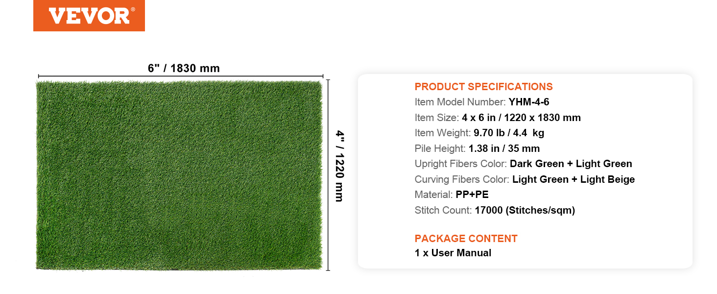 VEVOR artificial grass, 4x6 in, 1.38 in pile height, dark green and light green fibers with 17000 stitches/sqm.