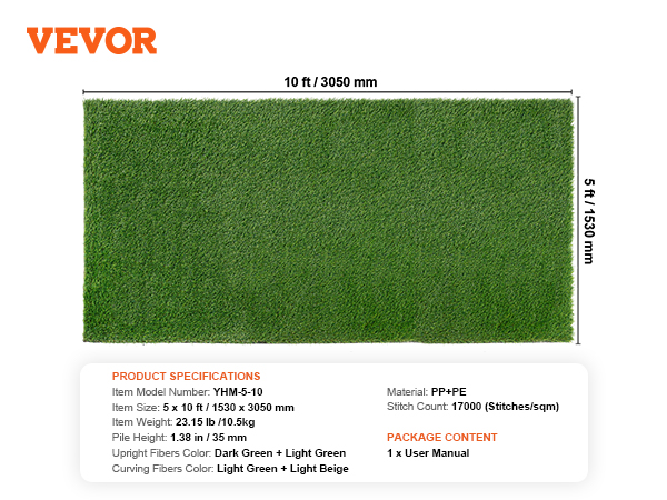 VEVOR artificial grass rug, 5x10 ft, green color, 35mm pile height, 23.15lb weight, 17000 stitches/sqm.