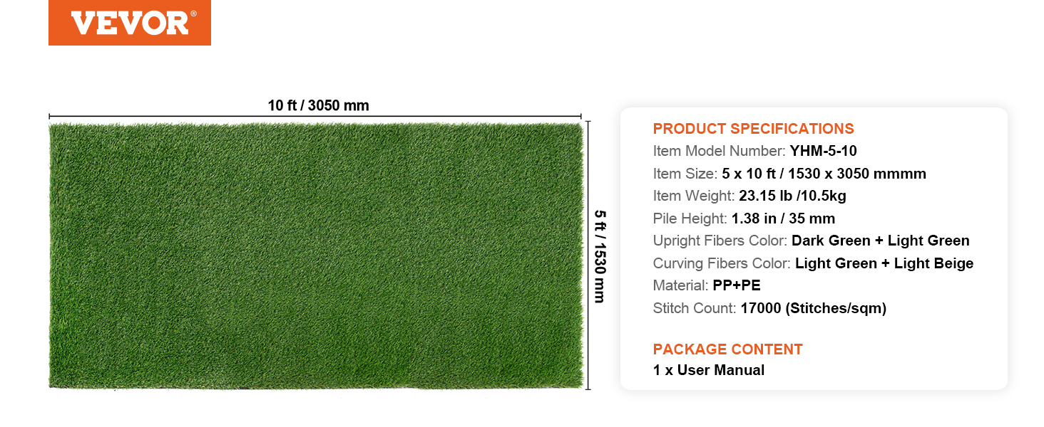 VEVOR artificial grass rug, 5x10 ft, green color, 35mm pile height, 23.15lb weight, 17000 stitches/sqm.
