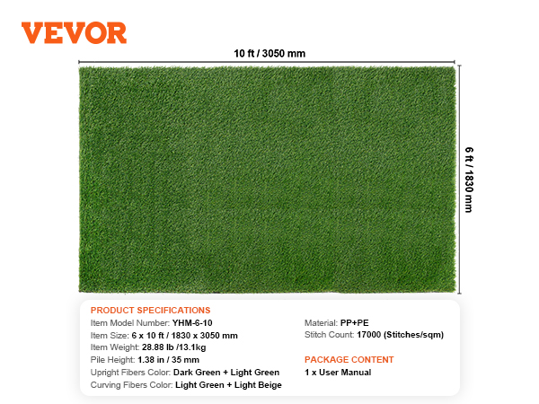 VEVOR artificial grass mat 6x10 ft, dark green, light green, and light beige fibers, pp+pe.
