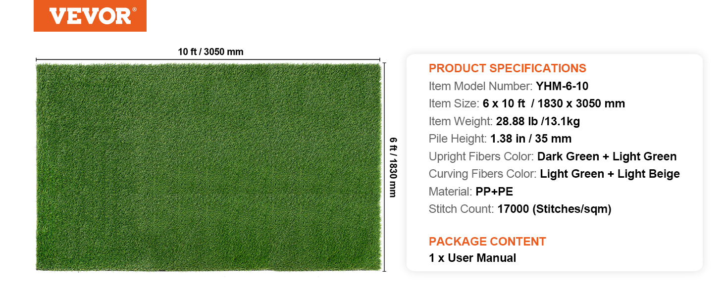 VEVOR artificial grass mat 6x10 ft, dark green, light green, and light beige fibers, pp+pe.