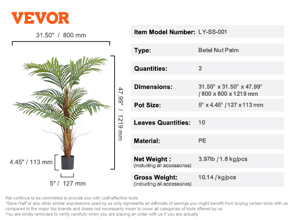 VEVOR artificial palm tree dimensions and details with pe material and black pot.