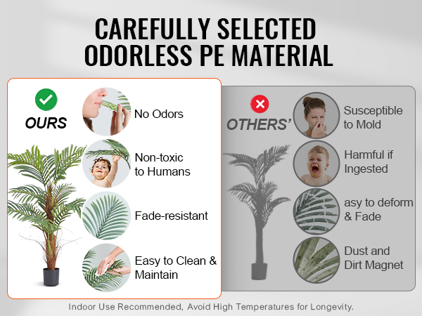 VEVOR artificial palm tree benefits vs competitors: no odors, non-toxic, fade-resistant, easy maintenance.