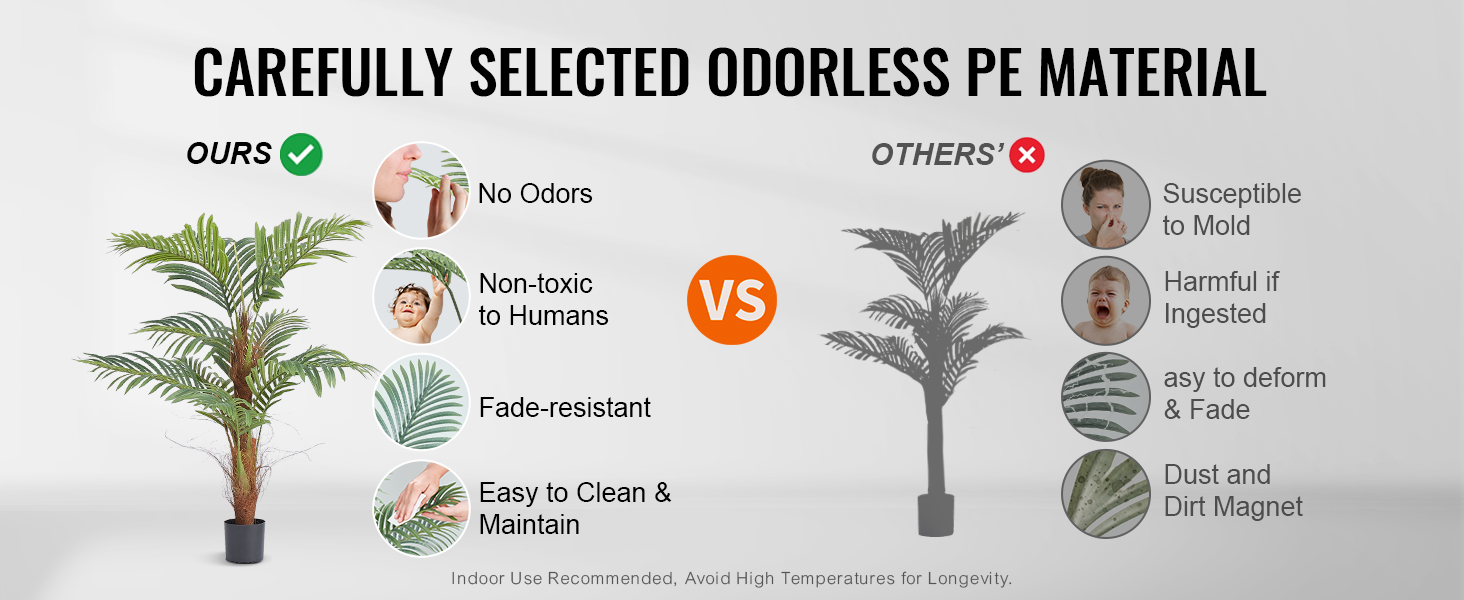 VEVOR artificial palm tree benefits vs competitors: no odors, non-toxic, fade-resistant, easy maintenance.