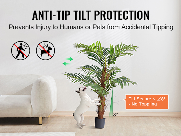 anti-tip VEVOR artificial palm tree with tilt protection for pet safety, secure stability within 8°.