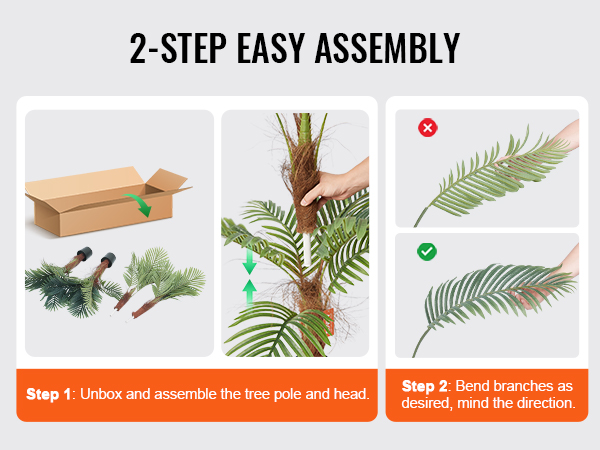 2-step assembly guide for VEVOR artificial palm tree, showing unboxing and bending branches correctly.