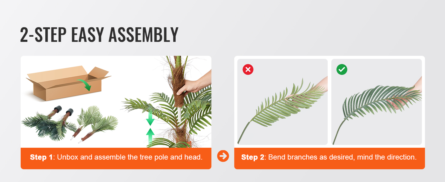 2-step assembly guide for VEVOR artificial palm tree, showing unboxing and bending branches correctly.