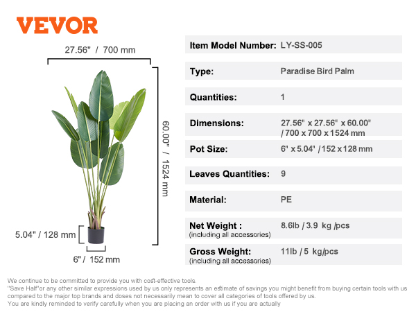 VEVOR artificial birds of paradise tree, 27.56" x 27.56" x 60", 9 leaves, pe material, pot size 6" x 5.04".