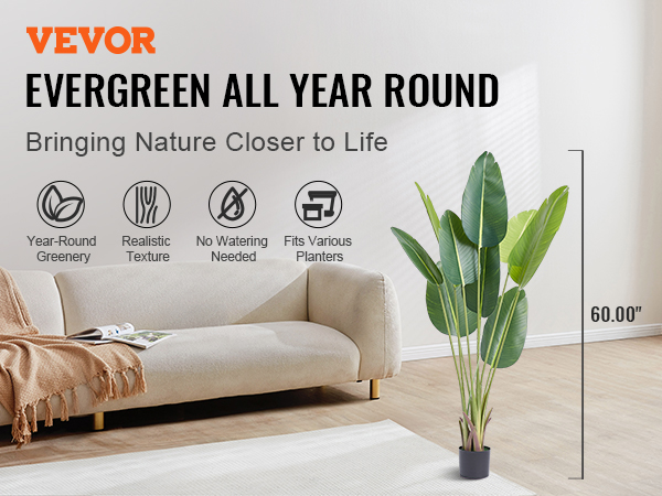 VEVOR artificial birds of paradise tree, 60 inches, realistic texture, year-round greenery, no watering.