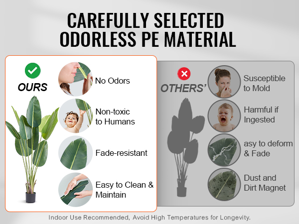 VEVOR artificial birds of paradise tree benefits: no odors, non-toxic, fade-resistant, easy to clean.