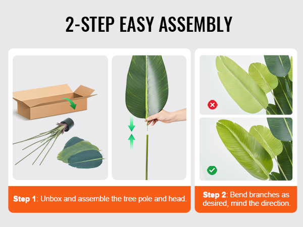 2-step easy assembly guide for VEVOR artificial birds of paradise tree: unbox, assemble, bend branches.