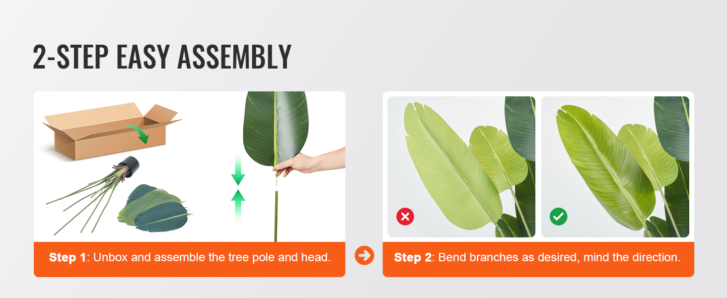 2-step easy assembly guide for VEVOR artificial birds of paradise tree: unbox, assemble, bend branches.