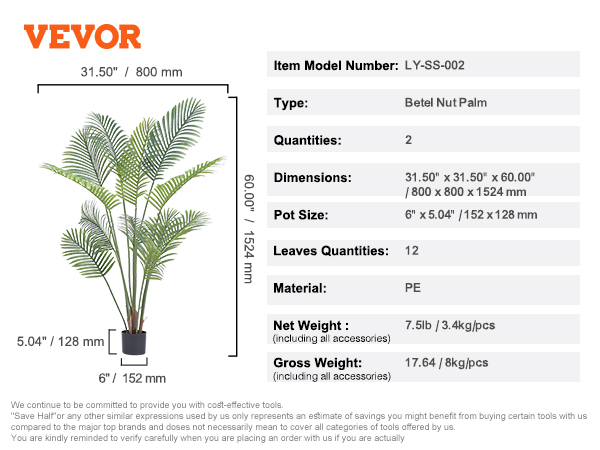 VEVOR artificial palm tree betel nut palm, 31.50"x31.50"x60.00", 6" pot, 12 leaves, pe, 7.5lb.