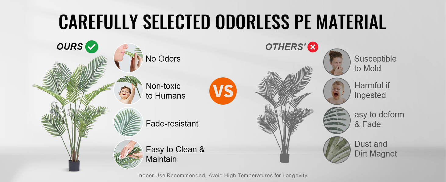 VEVOR artificial palm tree comparison chart highlighting odorless pe material benefits vs. other brands.