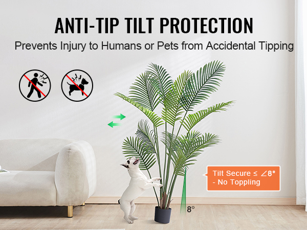 anti-tip VEVOR artificial palm tree with secure tilt for safety, dog playing near plant indoors.