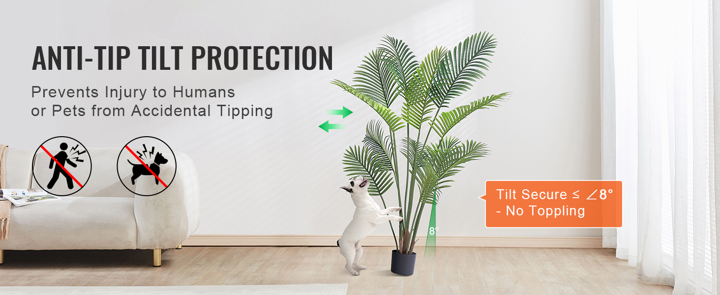 anti-tip VEVOR artificial palm tree with secure tilt for safety, dog playing near plant indoors.