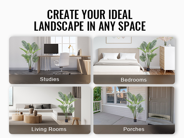 VEVOR artificial palm tree in various spaces: bedrooms, studies, living rooms, and porches.