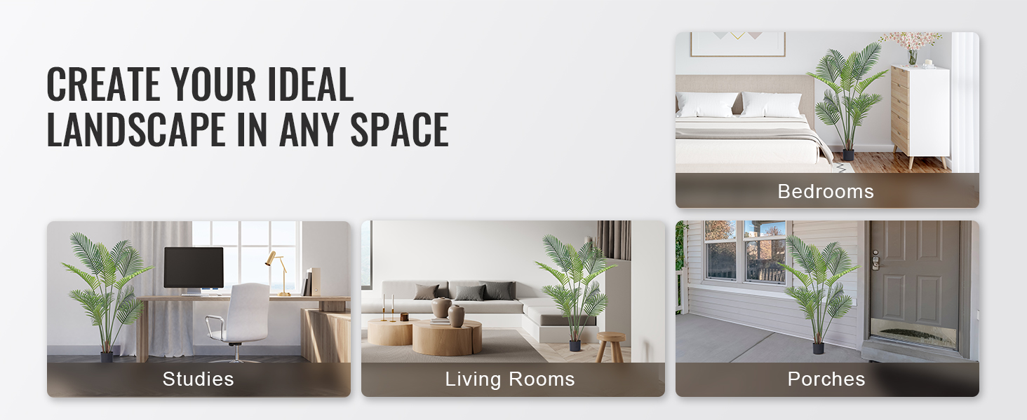 VEVOR artificial palm tree in various spaces: bedrooms, studies, living rooms, and porches.