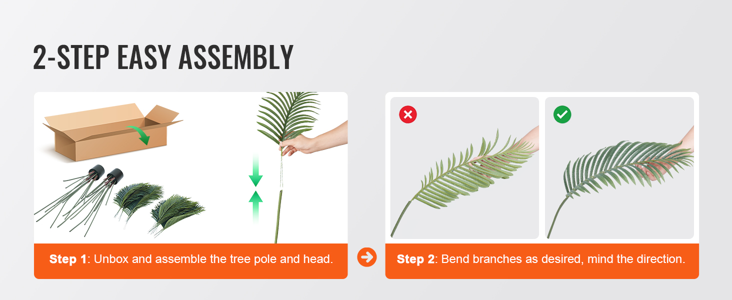 2-step easy assembly guide for VEVOR artificial palm tree, showing unboxing, assembling, and branch bending.