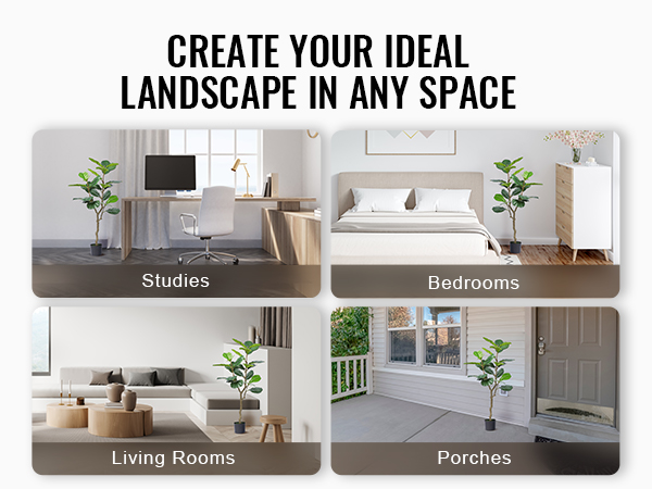 VEVOR artificial fiddle leaf fig tree in studies, living rooms, bedrooms, and porches, enhancing spaces.
