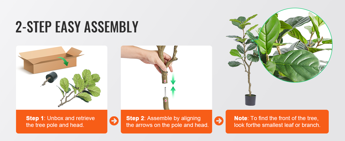 2-step easy assembly for VEVOR artificial fiddle leaf fig tree: unbox, align arrows, and adjust leaves.