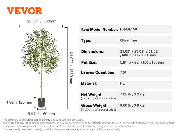 VEVOR artificial olive tree, model fh-gl150, dimensions 23.62"x23.62"x61.02", pot size 5.91"x4.92".