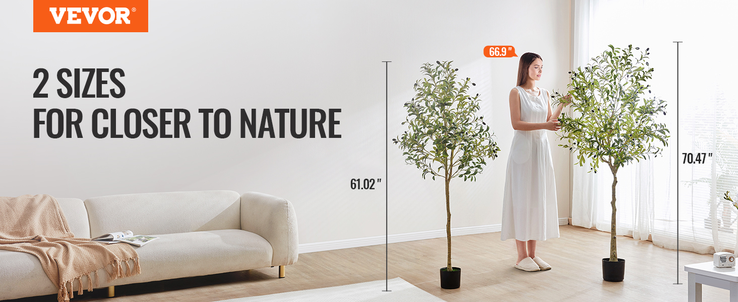 VEVOR artificial olive tree in 2 sizes on display in a minimalistic living room with a beige sofa.