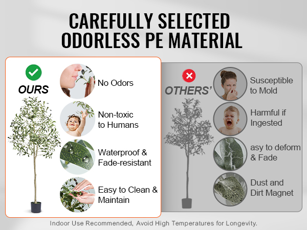 VEVOR artificial olive tree vs competitors; odorless, non-toxic, waterproof, easy to clean, and fade-resistant.