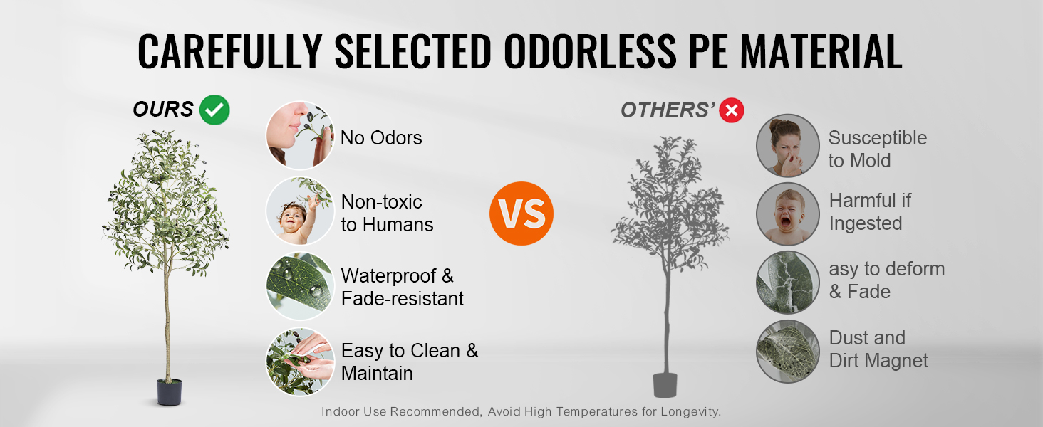 VEVOR artificial olive tree vs competitors; odorless, non-toxic, waterproof, easy to clean, and fade-resistant.
