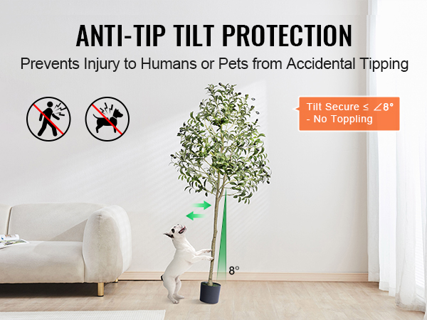 VEVOR artificial olive tree with anti-tip tilt protection, safe for pets, in a modern living room.