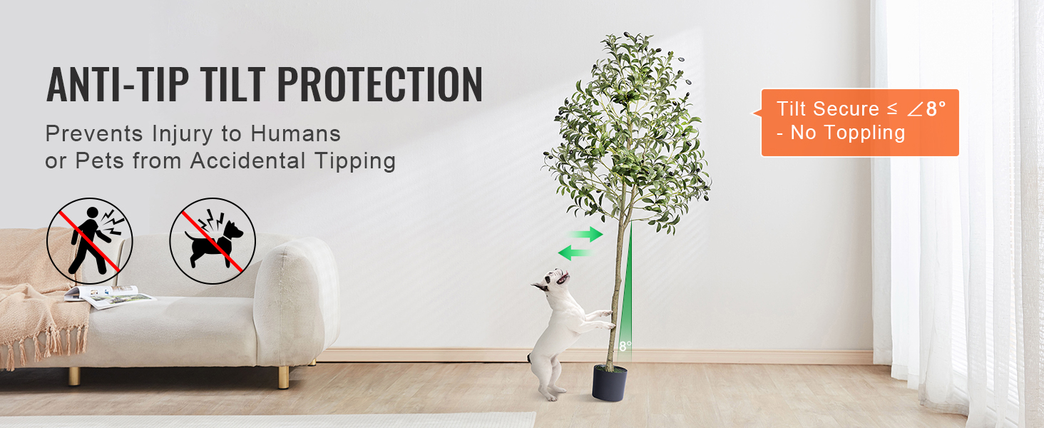 VEVOR artificial olive tree with anti-tip tilt protection, safe for pets, in a modern living room.
