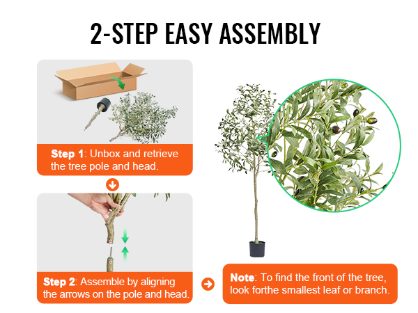 2-step easy assembly guide for VEVOR artificial olive tree, showing unboxing and alignment steps.