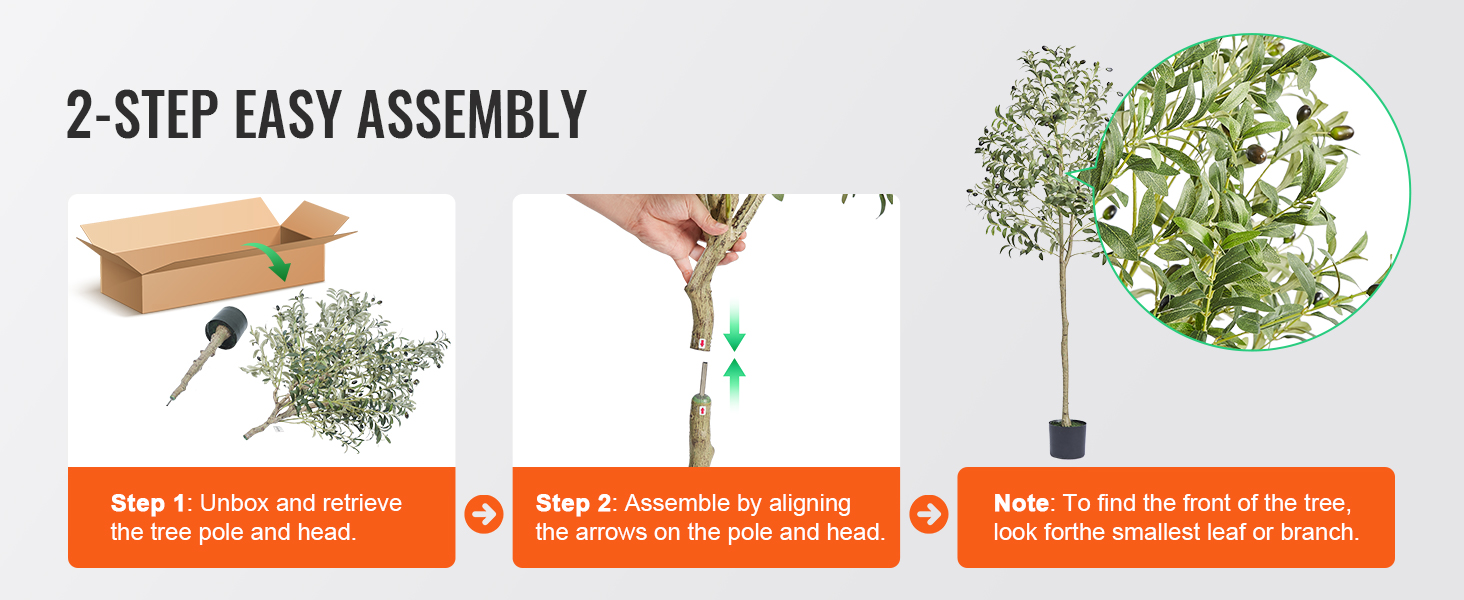 2-step easy assembly guide for VEVOR artificial olive tree, showing unboxing and alignment steps.