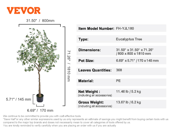VEVOR artificial eucalyptus tree dimensions and specifications with 368 pe leaves and a height of 71.26 inches.