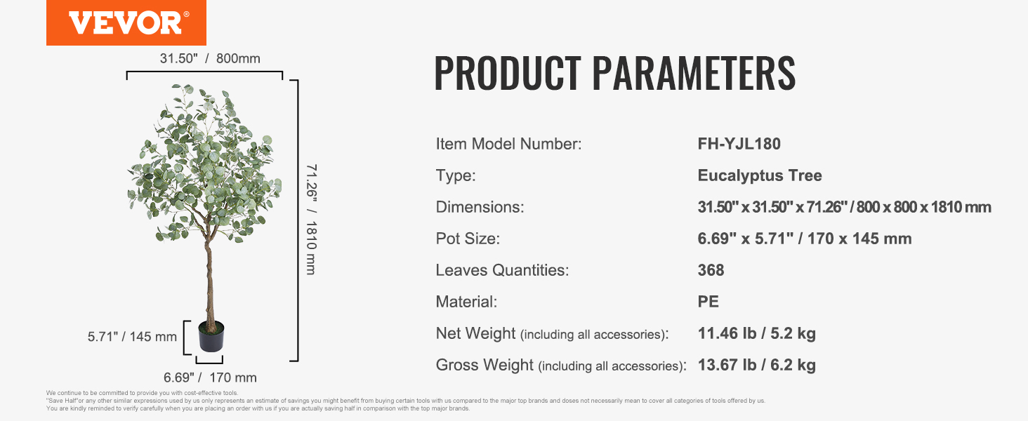 VEVOR artificial eucalyptus tree dimensions and specifications with 368 pe leaves and a height of 71.26 inches.