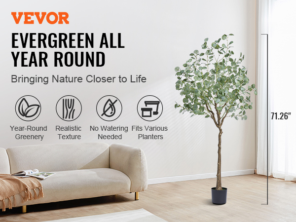VEVOR artificial eucalyptus tree in modern living room with sofa, offering year-round greenery.