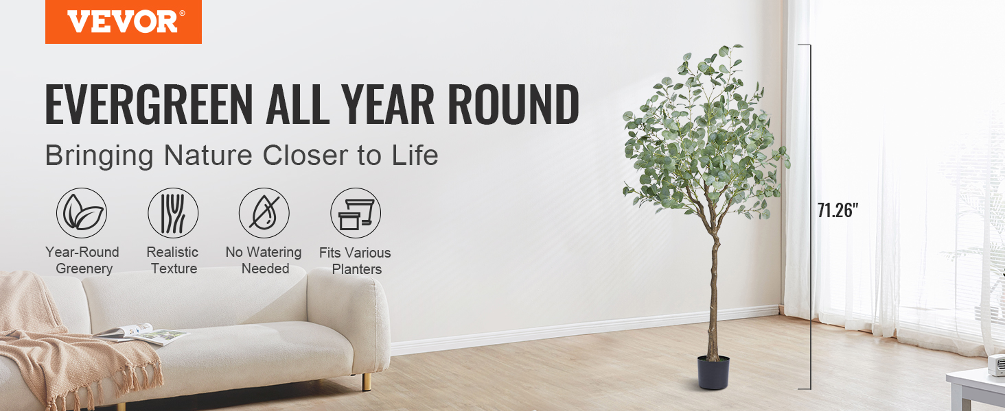 VEVOR artificial eucalyptus tree in modern living room with sofa, offering year-round greenery.