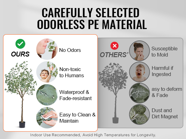VEVOR artificial eucalyptus tree vs. competitors, highlighting odorless, non-toxic, waterproof, easy maintenance.